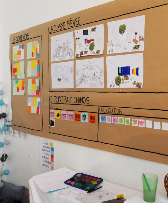 Panneau « La classe rêvée » : dessins et nuanciers des enfants
