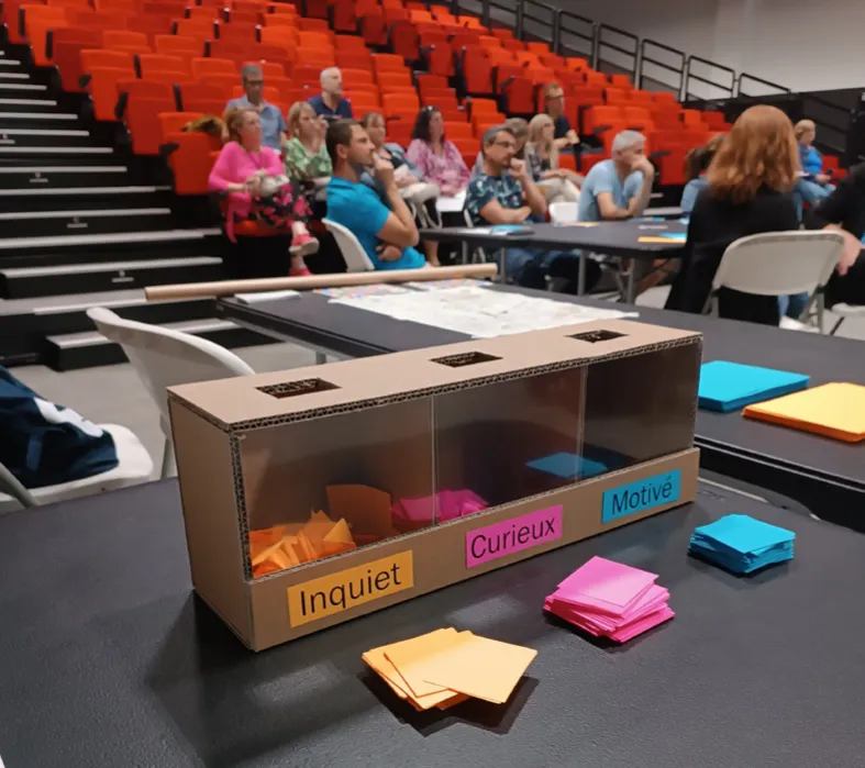 Urne de vote « Inquiet, Curieux, Motivé » et cartons de couleur