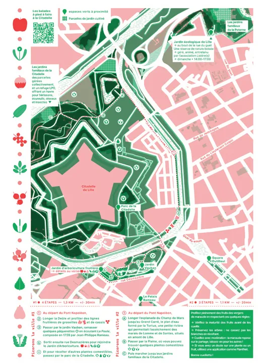 Carte des vergers de maraude de Lille, en rose et vert