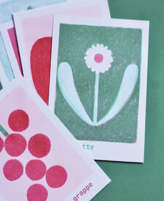 Cartes illustrées de fleurs et de grappes de fruits
